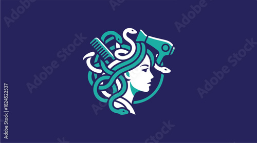 Medusa Hair Salon Logo with Hair Dryer and Comb.