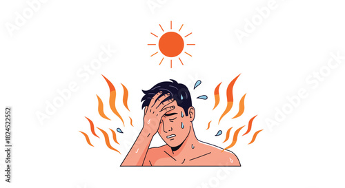 Illustration of a man sweating and looking distressed from intense heat under a hot sun.