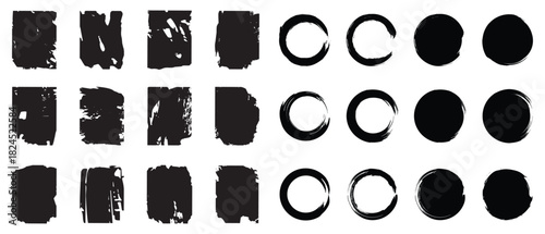 Rectangle and round brush stroke. Collection of black textured circles rounded squares and rectangles on a white background abstract graphic elements.