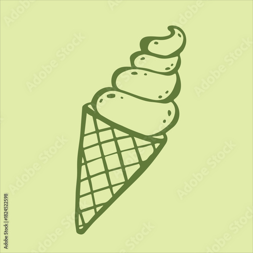 Refreshing matcha green tea ice cream cone, perfectly swirled in a crisp cone, on a soft, serene light green background.