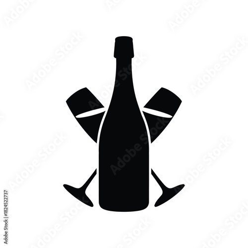 Champagne bottle and glasses celebration black silhouette
