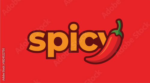Spicy text with red chili pepper on a vibrant red background.
