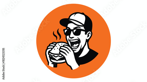 Happy man in sunglasses and cap eating a delicious hot burger with steam rising isolated on a white background with an orange circle.