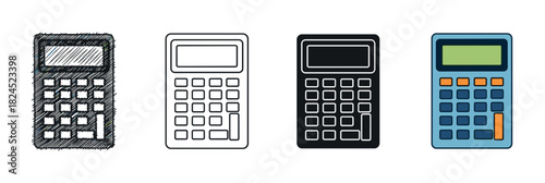 Four calculator icons in different artistic styles including hand-drawn sketch, thin outline, solid glyph, and flat color, representing finance, math, and accounting
