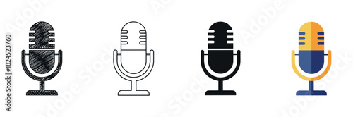 Set of four retro microphone icons presented in various graphic styles like line art, solid glyph, hand-drawn sketch, and colorful flat design