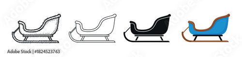 Set of four christmas sleigh icons in various design styles including hand-drawn sketch, simple outline, solid black silhouette, and a colorful flat cartoon vector graphic