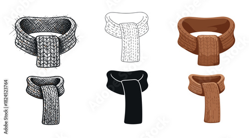 Collection of six illustrated scarves in various artistic styles, including detailed sketch, simple line art, solid silhouette, and colorful cartoon vector designs
