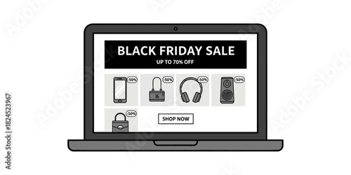 A laptop screen displays a Black Friday Sale promotional website offering discounts of up to 70% on products such as smartphones, headphones, and bags. The concept of online shopping and e-commerce.