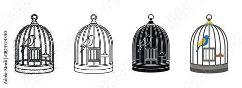 Collection of four birdcage illustrations with a bird inside, showcasing different artistic styles from sketch and outline to silhouette and flat color design