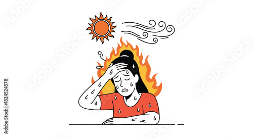 Woman sweating and feeling the heat from the sun with flames around her.
