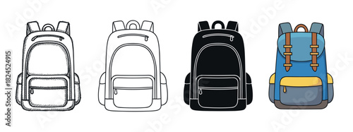 Collection of four backpack illustrations showing different artistic styles including a hand-drawn sketch, line art, a black silhouette, and a colorful flat cartoon design