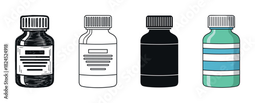 Four medicine bottles in different illustration styles including sketch, outline, silhouette, and color, representing a versatile set of pharmaceutical packaging icons for healthcare