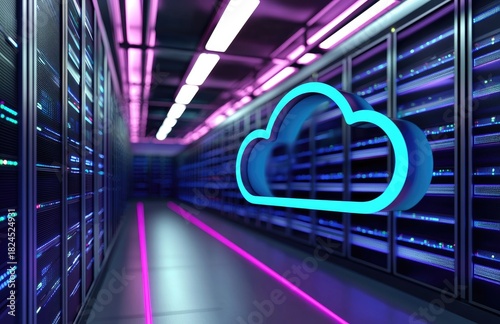 Blue cloud icon glowing beside rows of illuminated servers in a futuristic data center with purple lighting and reflections, idea for IT visuals and digital designs