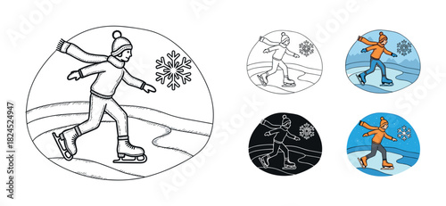 Set of ice skating person illustrations in various styles including line art, color, and negative, showing a character in winter clothes gliding on ice with a snowflake symbol