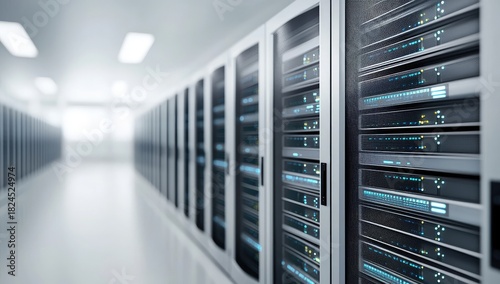 Bright server racks in a clean white data center corridor with blue indicator lights and reflective surfaces, idea for IT visuals and digital designs