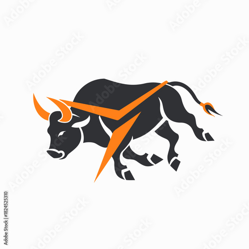 Powerful stylized bull vector graphic with an orange lightning bolt, symbolizing strength, energy, speed, and determination on white.