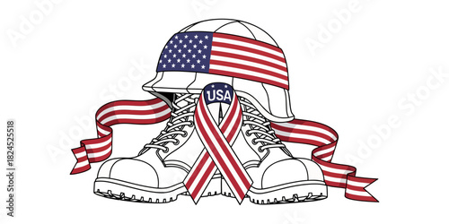 Line art illustration of a military helmet and combat boots, decorated with a United States flag ribbon wrapped around it like an awareness ribbon with the word "USA" written on it.