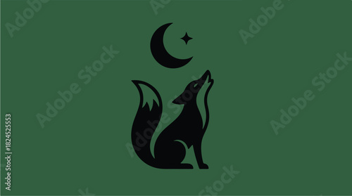 Stylized black fox howling at crescent moon and star on a dark green background.