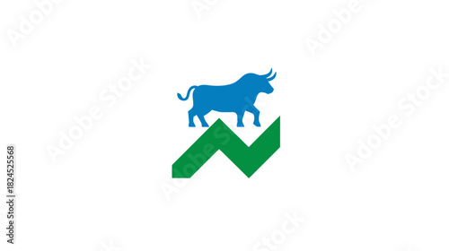 Bull market financial growth concept with a powerful blue bull icon on an upward trending green arrow symbol for success and investment