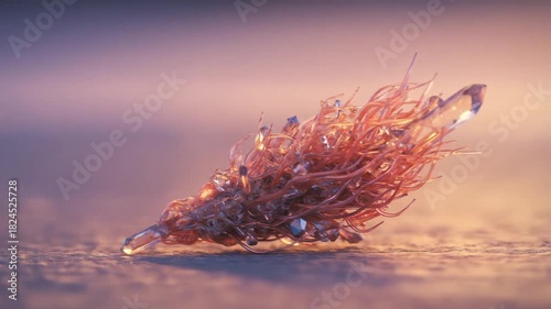 Closeup of metallic copper wire intertwined with clear crystals