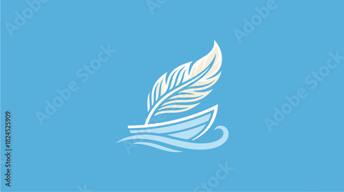 Feather and boat logo design on blue background.