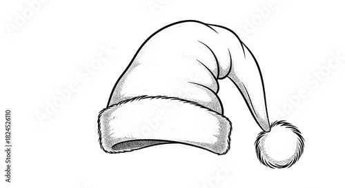 Black and white illustration of a classic Santa Claus hat with a fluffy trim and pom pom.