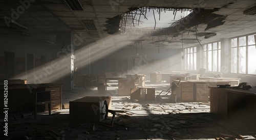 Damaged office space with rubble and hole in ceiling