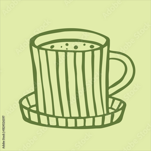 A charming doodle-style striped teacup and saucer set, brimming with vibrant matcha green tea, elegantly placed on a serene light green background.