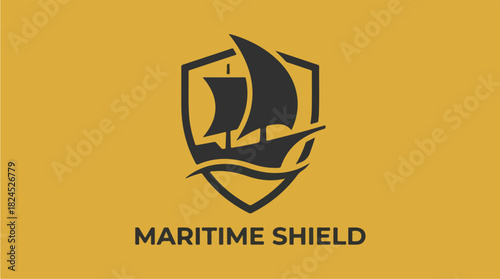 Maritime Shield Logo Design with Ship and Waves.