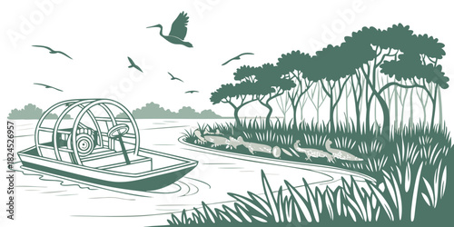 Swamp Airboat Wildlife Retro Vector – Vintage Wetland Illustration Featuring Cypress Trees, Birds, and Aquatic Creatures