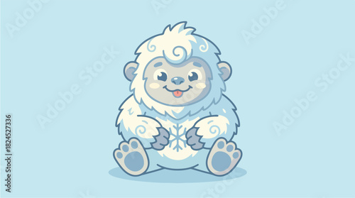 Cute cartoon baby yeti sitting on a light blue background.