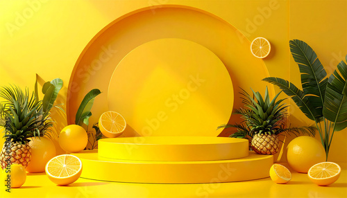 Vibrant Yellow Tropical Fruit and Plant Display – Bright Citrus Background for Advertising and Product Mockups