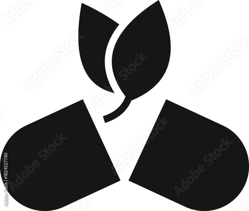 green organic medicine, natural plant based pill capsule icon, healthy nutritional supplement, healthcare concept, black flat icon isolated on white background pharmaceutical industry,  
