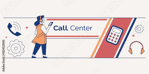 Call center customer service banner with illustration elements 