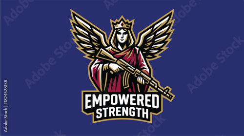 Empowered Strength Logo with Winged Figure and Rifle.