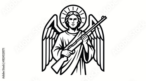 Angel with Shotgun Black and White Illustration.