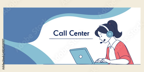 Call center representative working with laptop and headset, customer service concept
