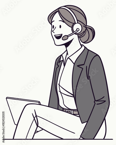 Smiling customer service representative wearing headset and holding a tablet 