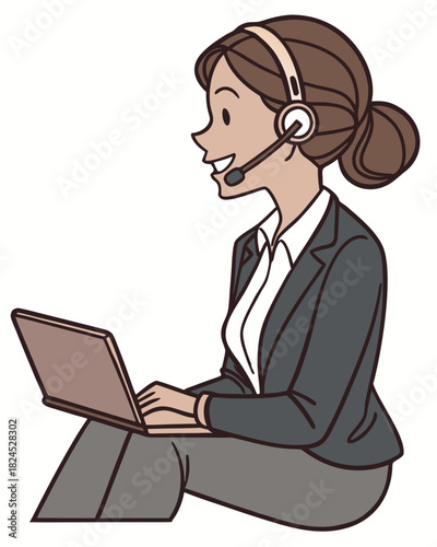 Illustration of woman working on laptop with headset