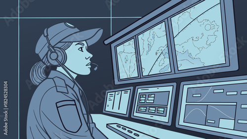 Air traffic controller monitoring screens with radar maps in a control room