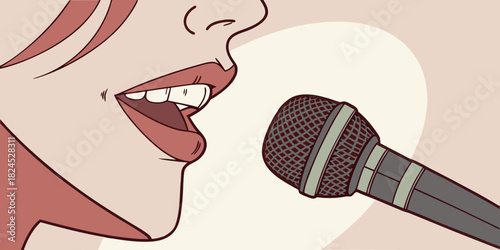 Woman speaking into a microphone, singing a song, or presenting on stage