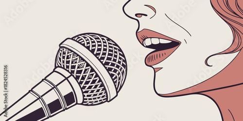 Singing or speaking woman with a microphone close up