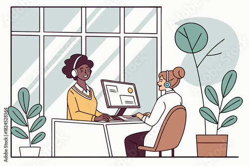 Two women working in a customer service environment, helping customer with headset, with a friendly office atmosphere.