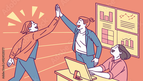 Team celebrating success with high five in office workspace