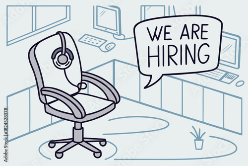 Call center hiring concept with empty chair and thought bubble