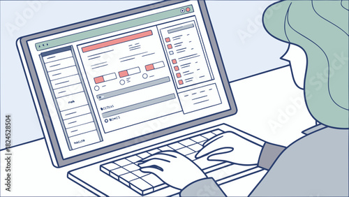 Person using a computer, working on a software program 