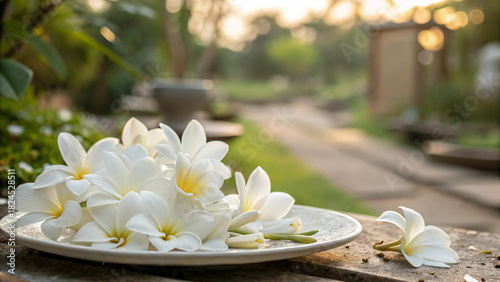 Fototapeta Naklejka Na Ścianę i Meble -  White flowers on plate, tranquil blurred garden atmosphere.