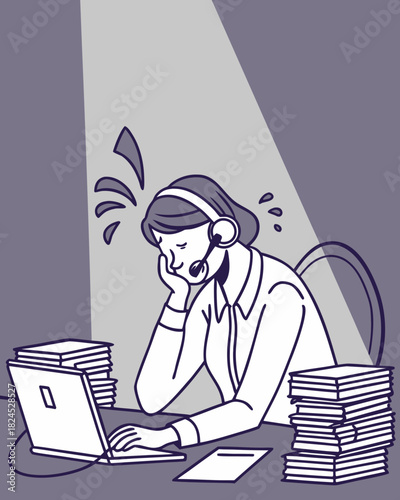 Exhausted customer service representative dealing with stressful workload