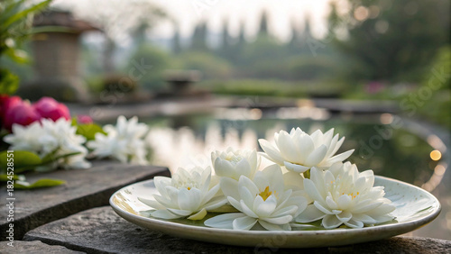 Fototapeta Naklejka Na Ścianę i Meble -  White flowers on plate, tranquil garden atmosphere.