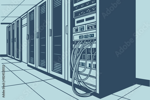 Data center server room with server racks and network cables